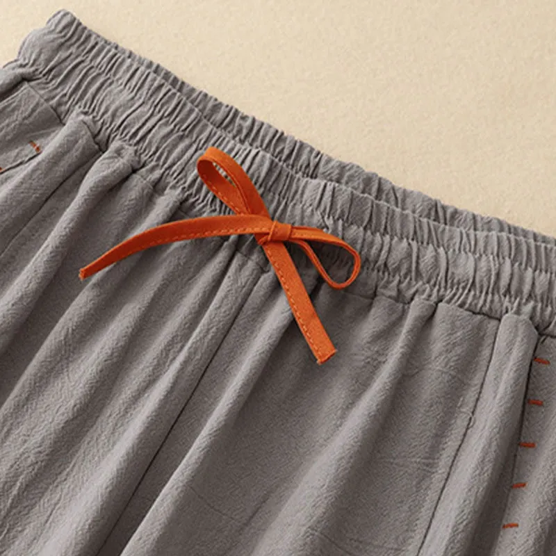 Buddha Stones Casual Simple Design Drawstring Split Cotton Linen Women's Wide Leg Pants With Pockets