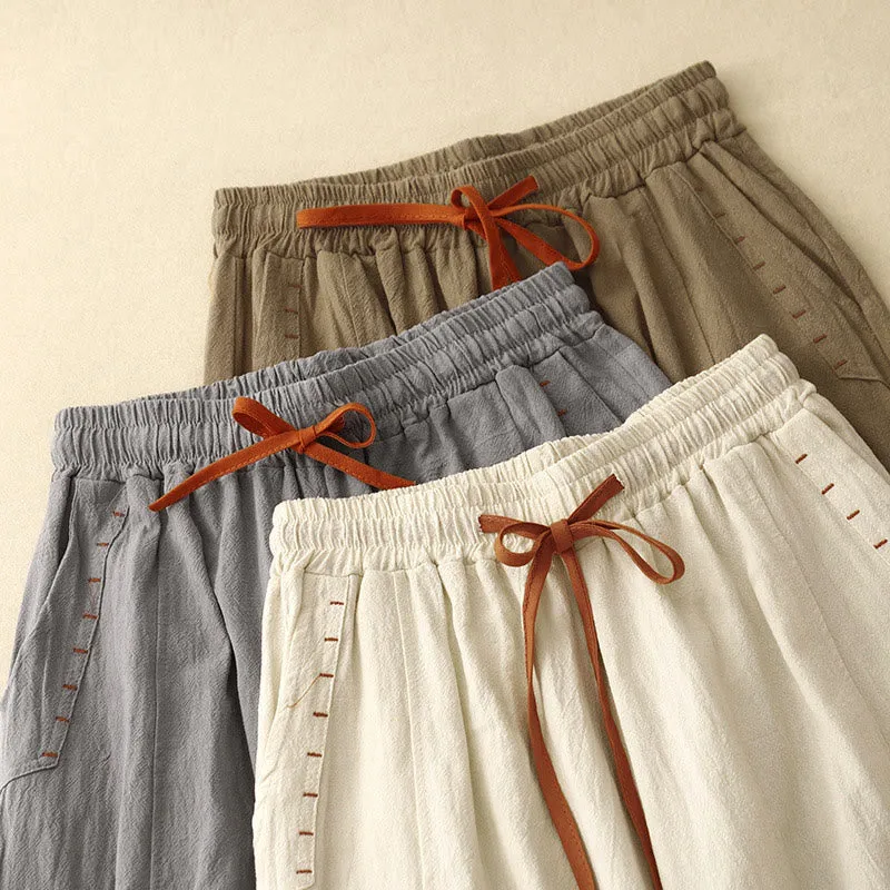Buddha Stones Casual Simple Design Drawstring Split Cotton Linen Women's Wide Leg Pants With Pockets
