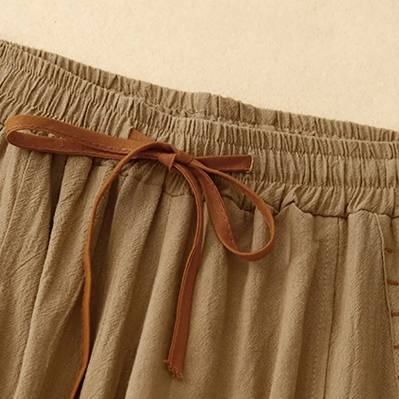 Buddha Stones Casual Simple Design Drawstring Split Cotton Linen Women's Wide Leg Pants With Pockets
