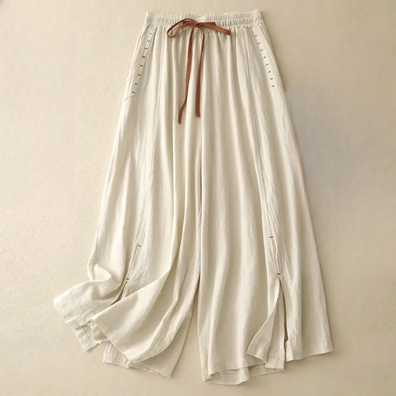 Buddha Stones Casual Simple Design Drawstring Split Cotton Linen Women's Wide Leg Pants With Pockets