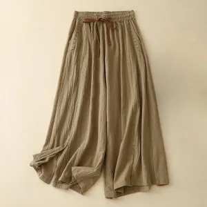 Buddha Stones Casual Simple Design Drawstring Split Cotton Linen Women's Wide Leg Pants With Pockets