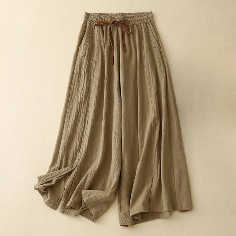 Buddha Stones Casual Simple Design Drawstring Split Cotton Linen Women's Wide Leg Pants With Pockets