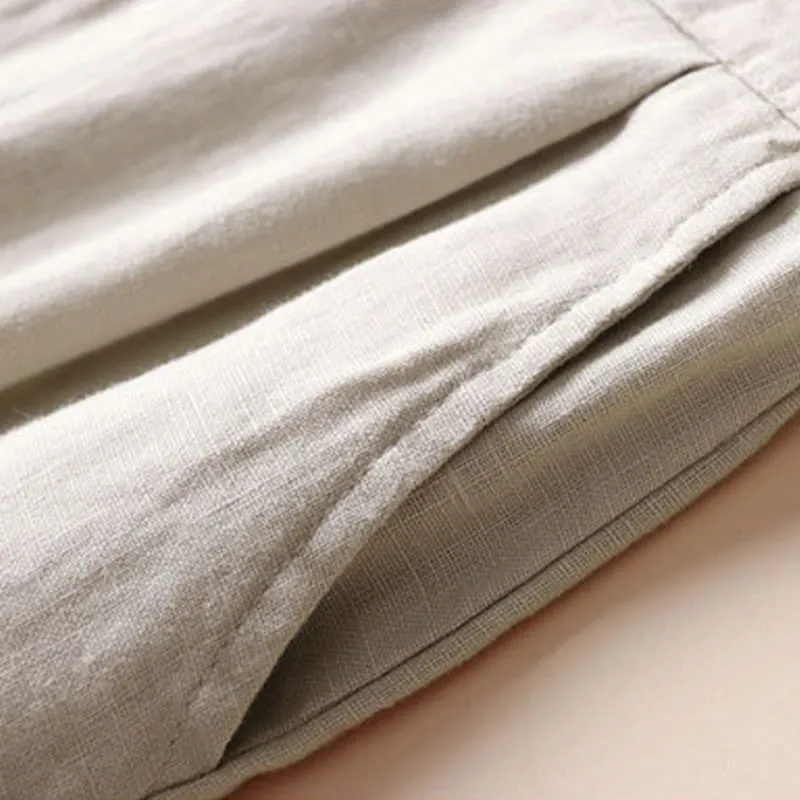Buddha Stones Commute Solid Color Drawstring 7-8 Length Cotton Linen Women's Wide Leg Pants With Pockets