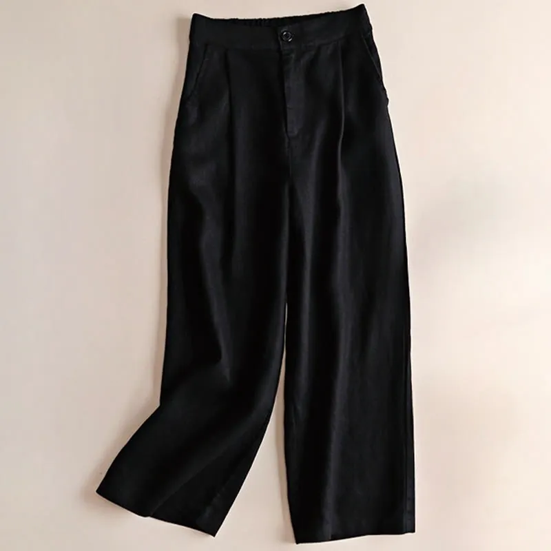 Buddha Stones Commute Solid Color Drawstring 7-8 Length Cotton Linen Women's Wide Leg Pants With Pockets