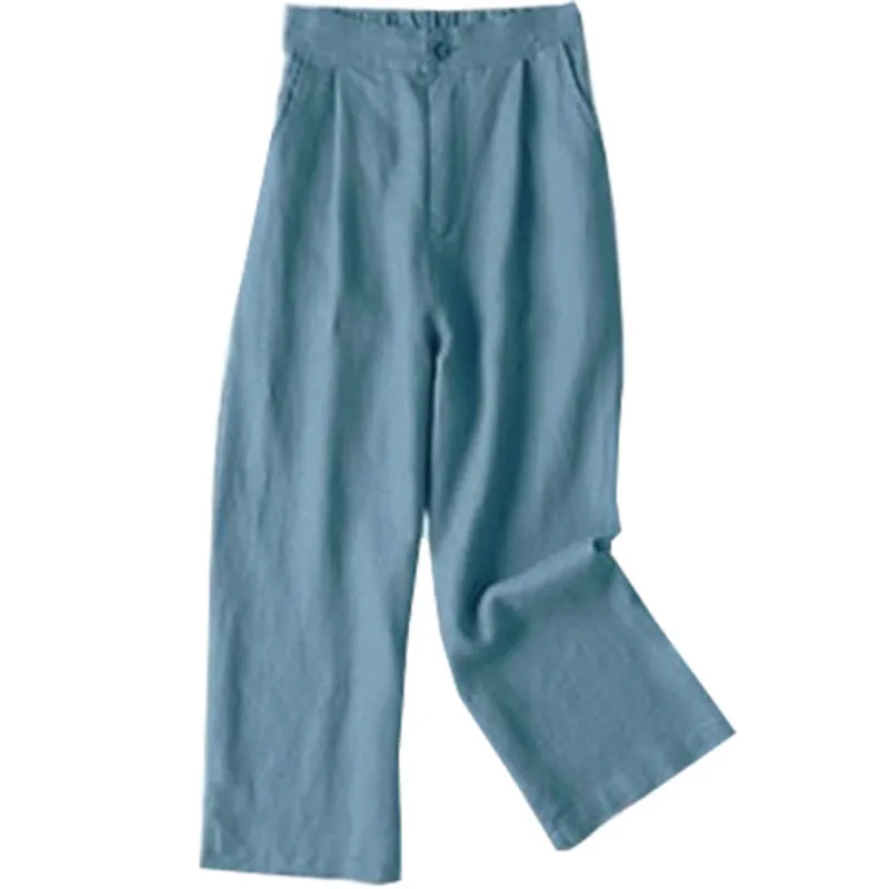 Buddha Stones Commute Solid Color Drawstring 7-8 Length Cotton Linen Women's Wide Leg Pants With Pockets