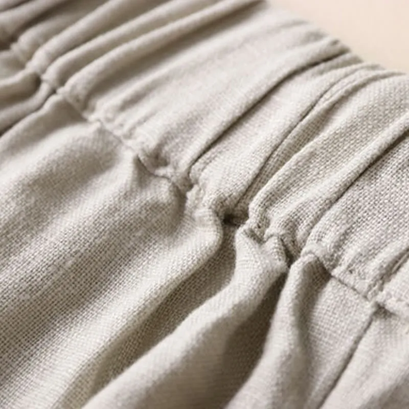Buddha Stones Commute Solid Color Drawstring 7-8 Length Cotton Linen Women's Wide Leg Pants With Pockets
