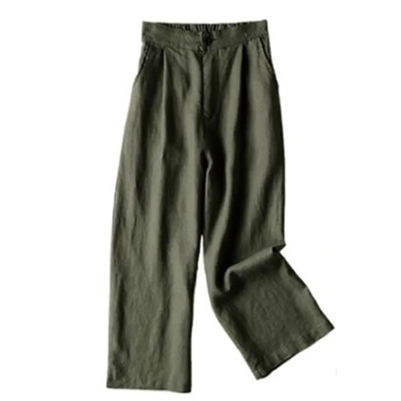 Buddha Stones Commute Solid Color Drawstring 7-8 Length Cotton Linen Women's Wide Leg Pants With Pockets