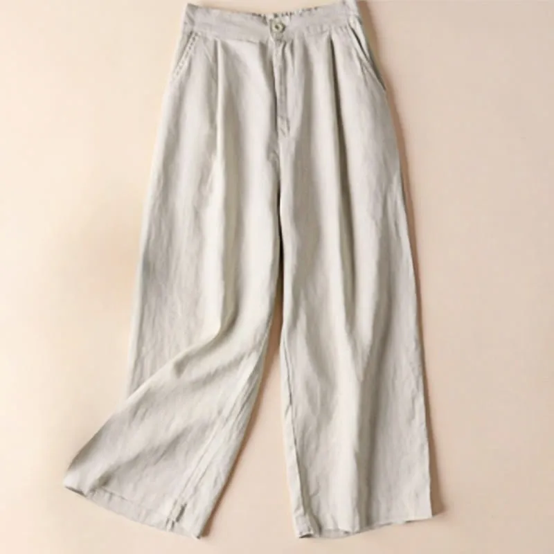 Buddha Stones Commute Solid Color Drawstring 7-8 Length Cotton Linen Women's Wide Leg Pants With Pockets