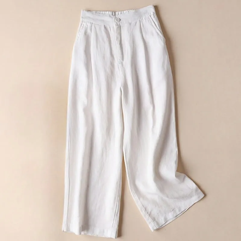 Buddha Stones Commute Solid Color Drawstring 7-8 Length Cotton Linen Women's Wide Leg Pants With Pockets