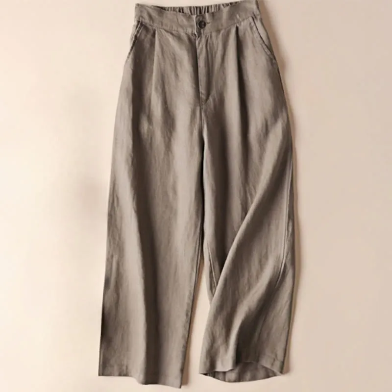 Buddha Stones Commute Solid Color Drawstring 7-8 Length Cotton Linen Women's Wide Leg Pants With Pockets