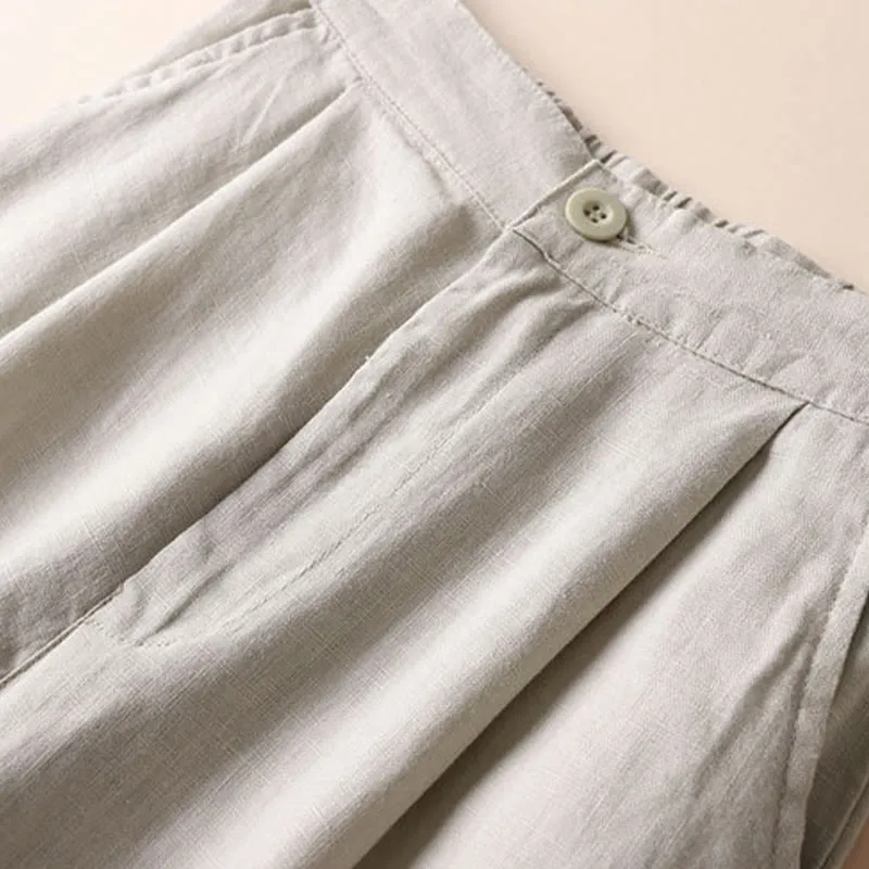 Buddha Stones Commute Solid Color Drawstring 7-8 Length Cotton Linen Women's Wide Leg Pants With Pockets