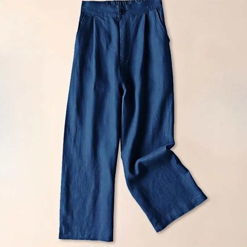 Buddha Stones Commute Solid Color Drawstring 7-8 Length Cotton Linen Women's Wide Leg Pants With Pockets