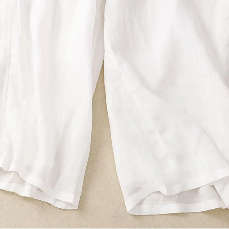 Buddha Stones Floral Print High Waist Cotton Linen Drawstring Wide Leg Pants With Pockets