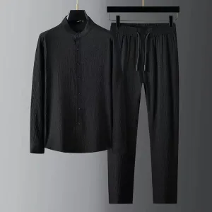 Buddha Stones Pure Color Long Sleeve Top Pants Clothing Men's Set