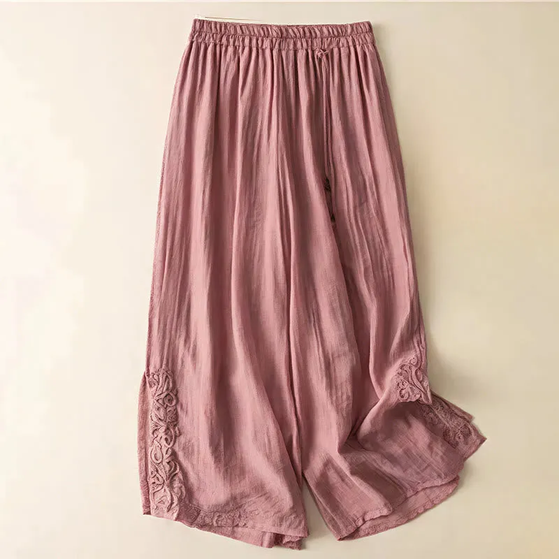 Buddha Stones Retro Casual Embroidery Design Drawstring Cotton Linen Women's Wide Leg Pants With Pockets