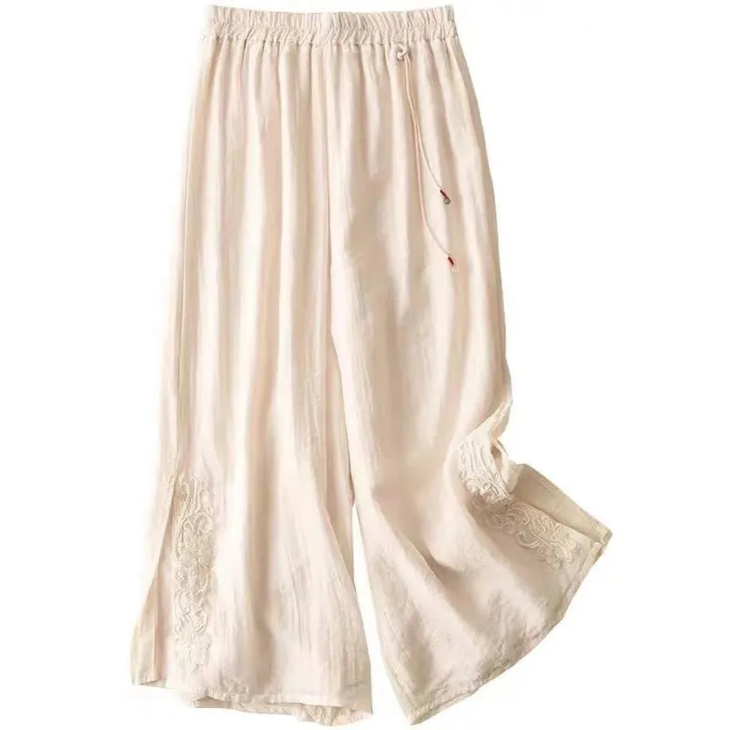 Buddha Stones Retro Casual Embroidery Design Drawstring Cotton Linen Women's Wide Leg Pants With Pockets