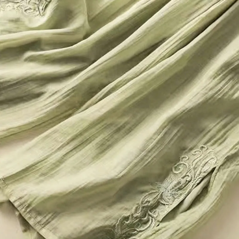 Buddha Stones Retro Casual Embroidery Design Drawstring Cotton Linen Women's Wide Leg Pants With Pockets