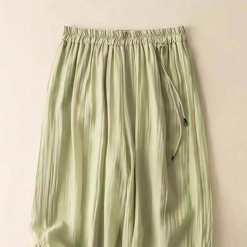 Buddha Stones Retro Casual Embroidery Design Drawstring Cotton Linen Women's Wide Leg Pants With Pockets