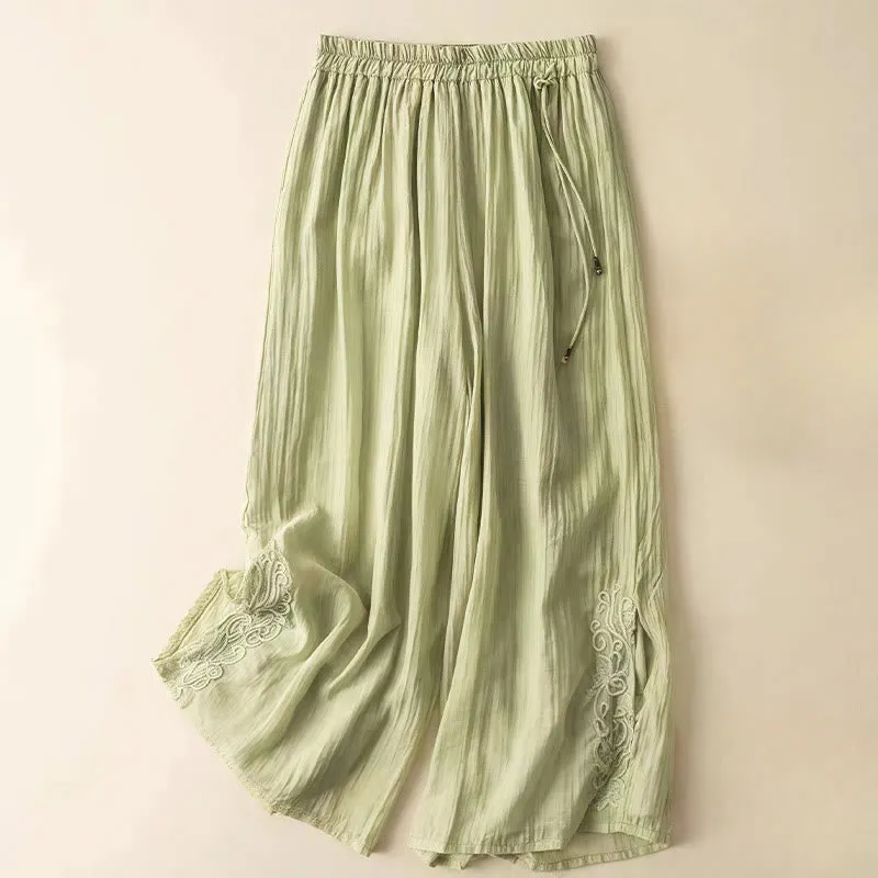 Buddha Stones Retro Casual Embroidery Design Drawstring Cotton Linen Women's Wide Leg Pants With Pockets