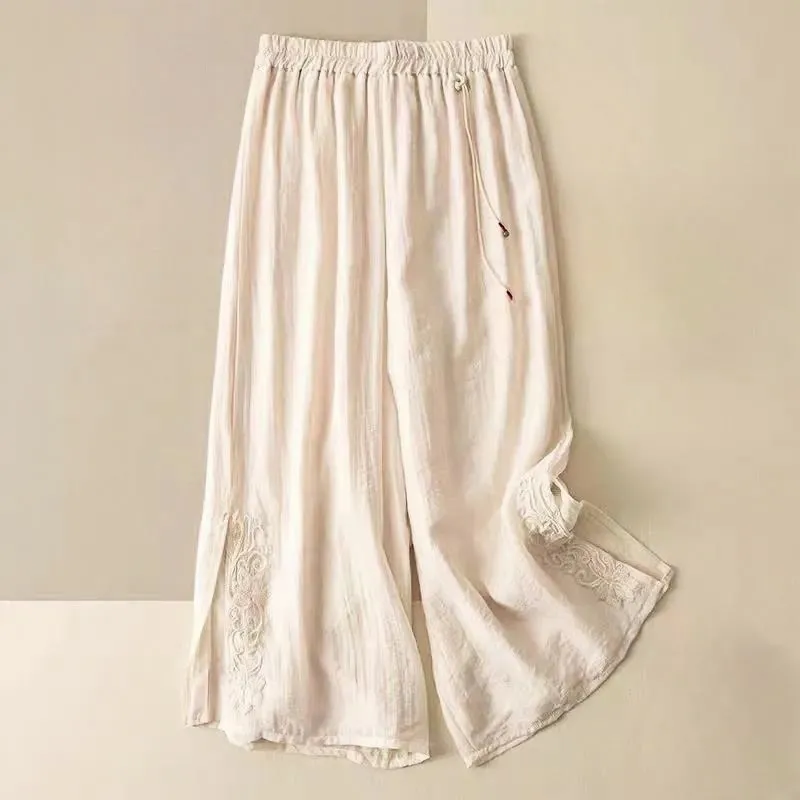 Buddha Stones Retro Casual Embroidery Design Drawstring Cotton Linen Women's Wide Leg Pants With Pockets