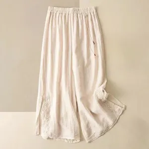Buddha Stones Retro Casual Embroidery Design Drawstring Cotton Linen Women's Wide Leg Pants With Pockets