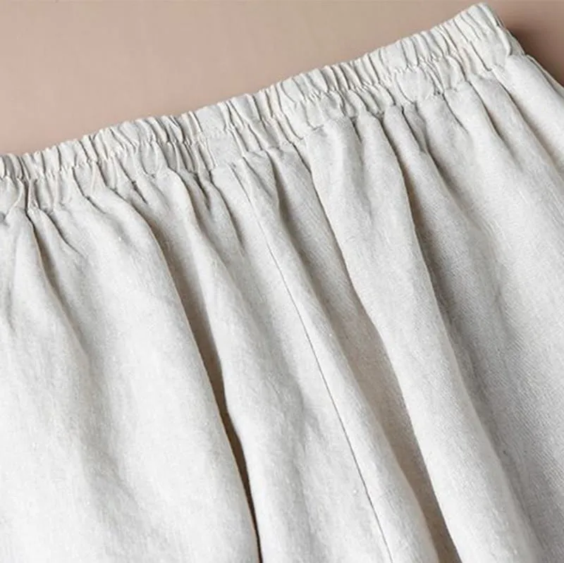 Buddha Stones Women Casual Loose Cotton Linen Embroidery Wide Leg Pants With Pockets