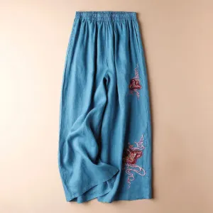 Buddha Stones Women Casual Loose Cotton Linen Embroidery Wide Leg Pants With Pockets