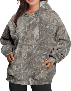 Camo Hoodie for Women Oversized Maple-Leaf Print Hooded Sweatshirt Lightweight Crew Neck Long Sleeve Pullover Tops
