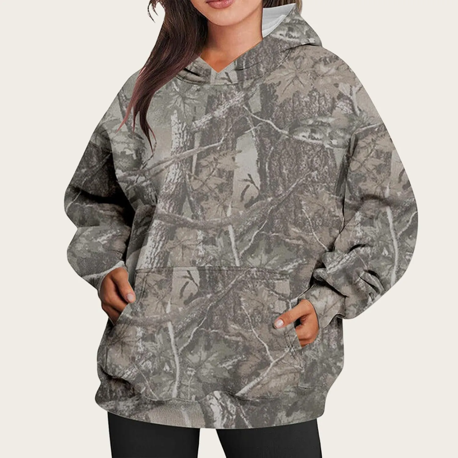 Camo Hoodie for Women Oversized Maple-Leaf Print Hooded Sweatshirt Lightweight Crew Neck Long Sleeve Pullover Tops