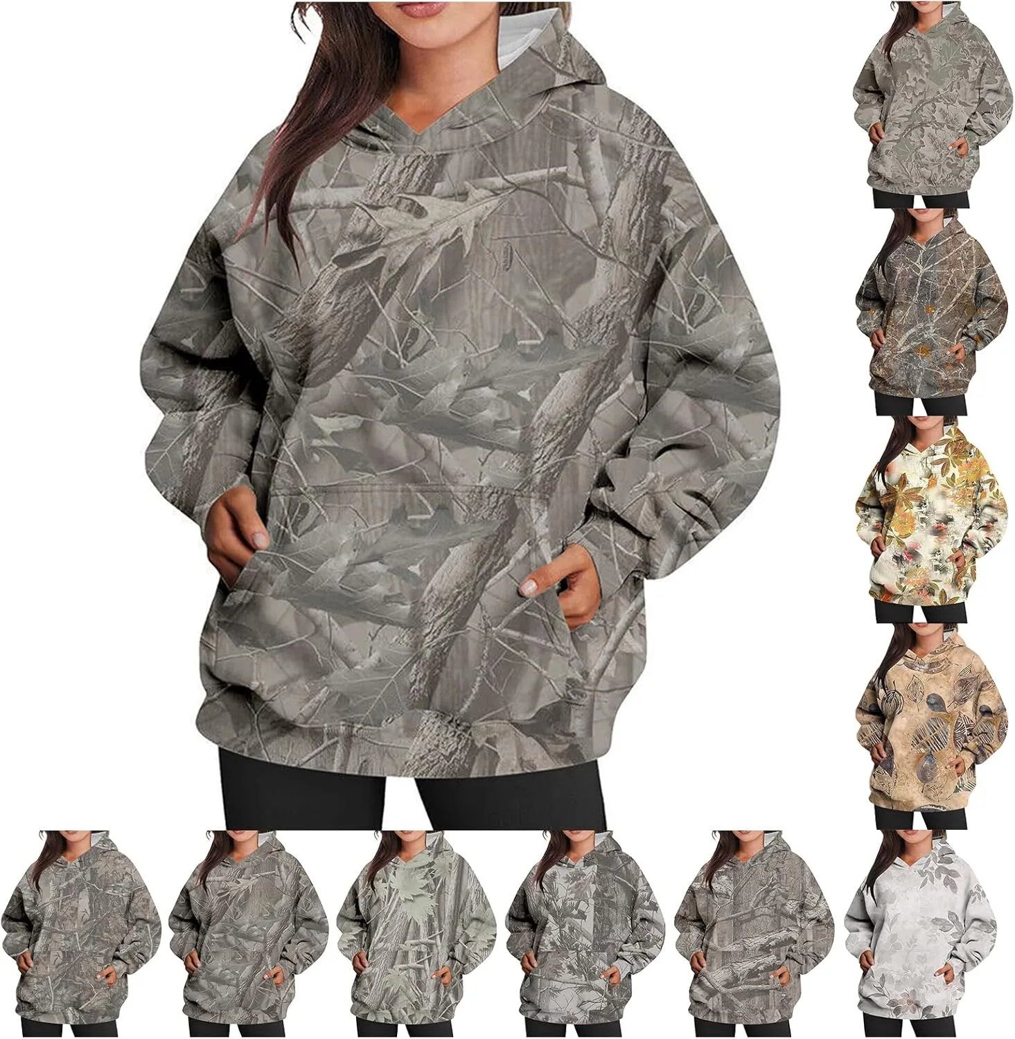 Camo Hoodie for Women Oversized Maple-Leaf Print Hooded Sweatshirt Lightweight Crew Neck Long Sleeve Pullover Tops
