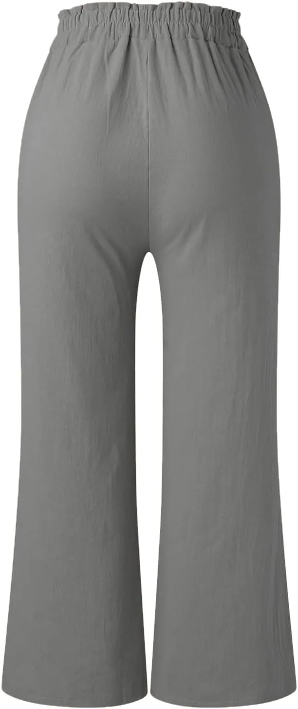 Casual Pants for Women Wide Leg Linen Trousers High Waist Loose Fit Lightweight Summer Beach Pockets Comfortable