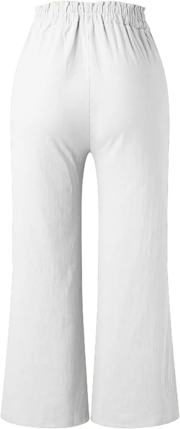 Casual Pants for Women Wide Leg Linen Trousers High Waist Loose Fit Lightweight Summer Beach Pockets Comfortable