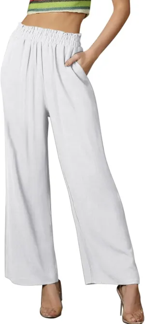 Casual Pants for Women Wide Leg Linen Trousers High Waist Loose Fit Lightweight Summer Beach Pockets Comfortable