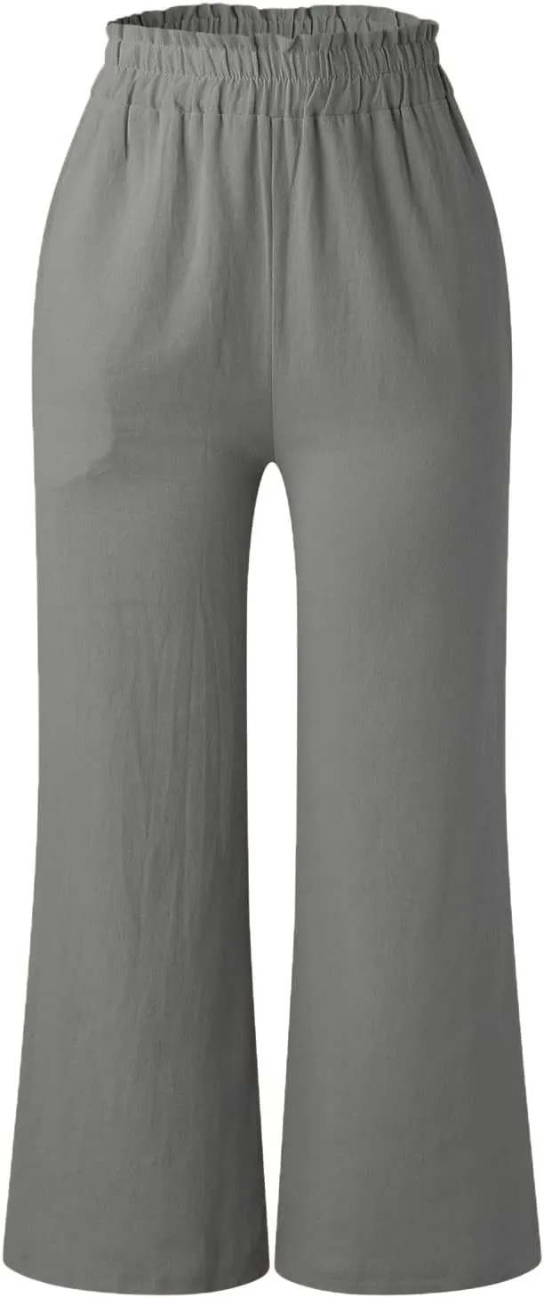 Casual Pants for Women Wide Leg Linen Trousers High Waist Loose Fit Lightweight Summer Beach Pockets Comfortable