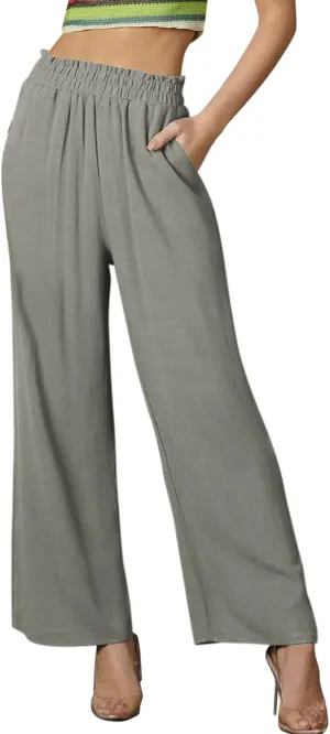 Casual Pants for Women Wide Leg Linen Trousers High Waist Loose Fit Lightweight Summer Beach Pockets Comfortable