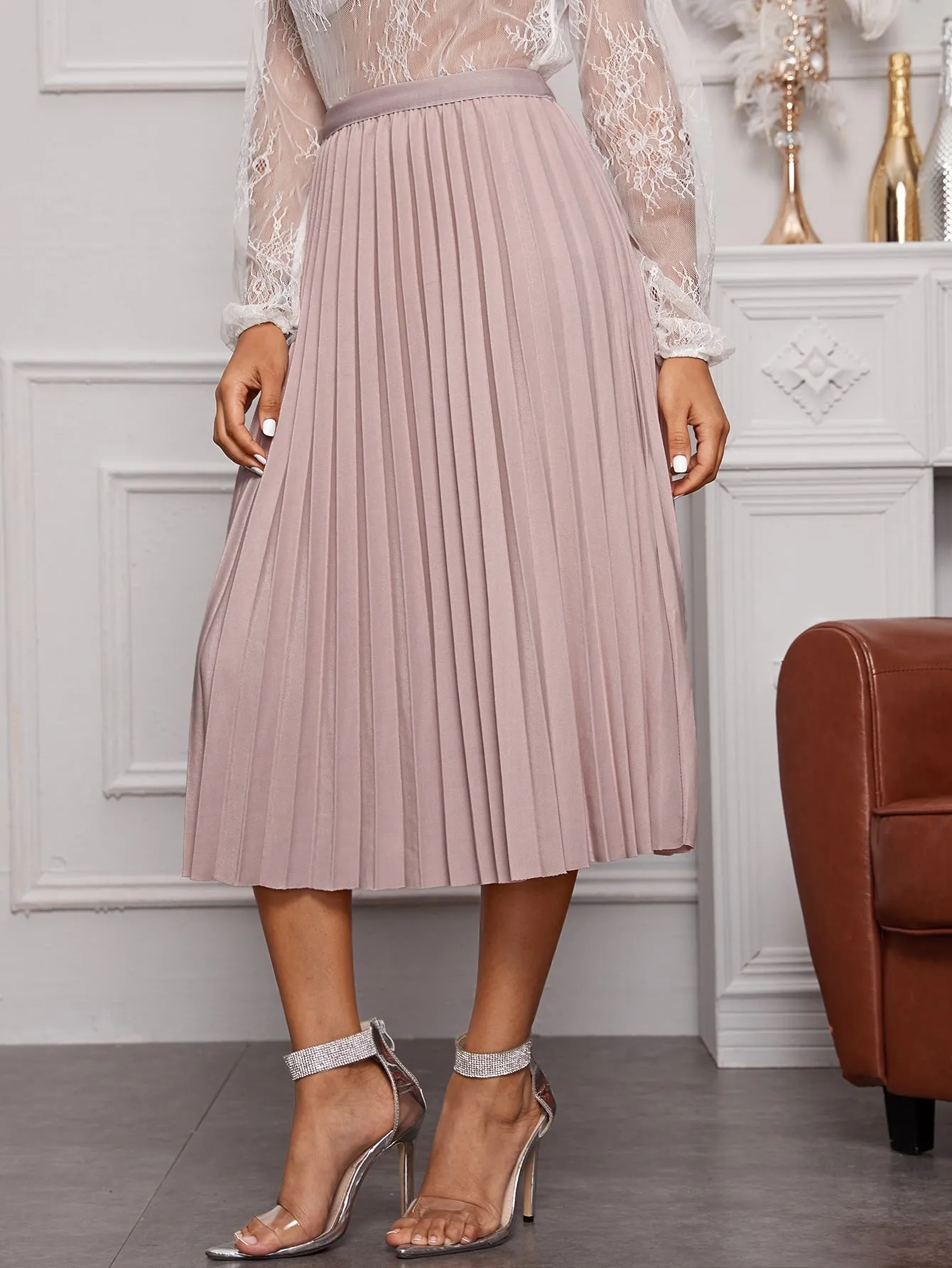 Casual Plain Pleated Natural Midi Women Skirt