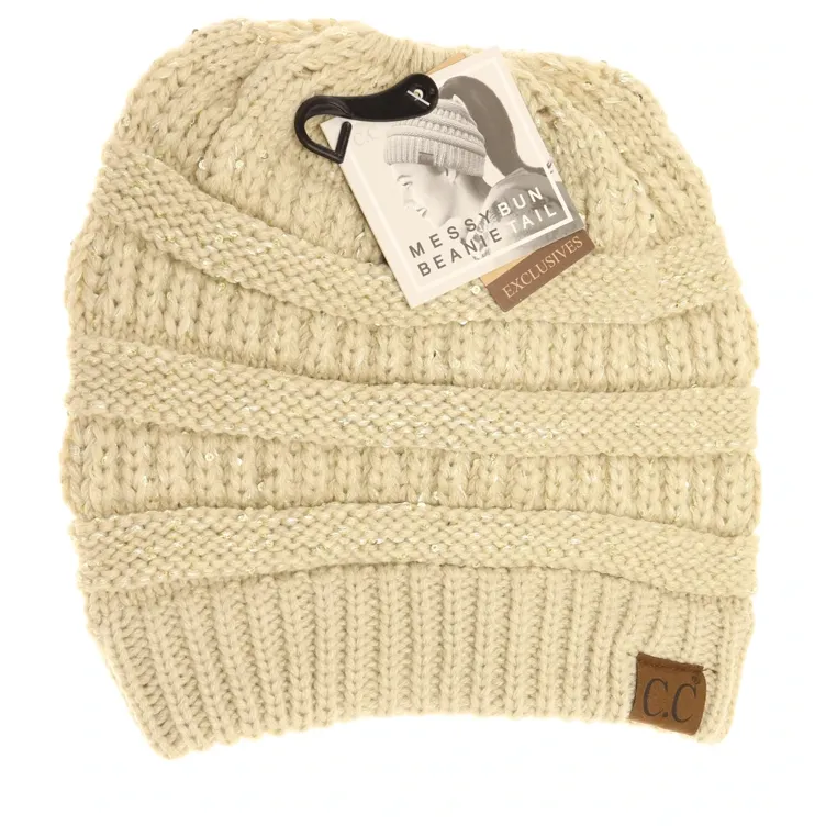 CC Beanie Messy Bun Metallic Sequin