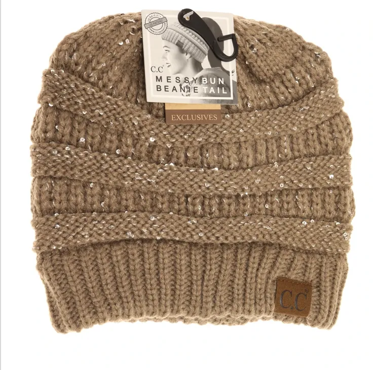 CC Beanie Messy Bun Metallic Sequin