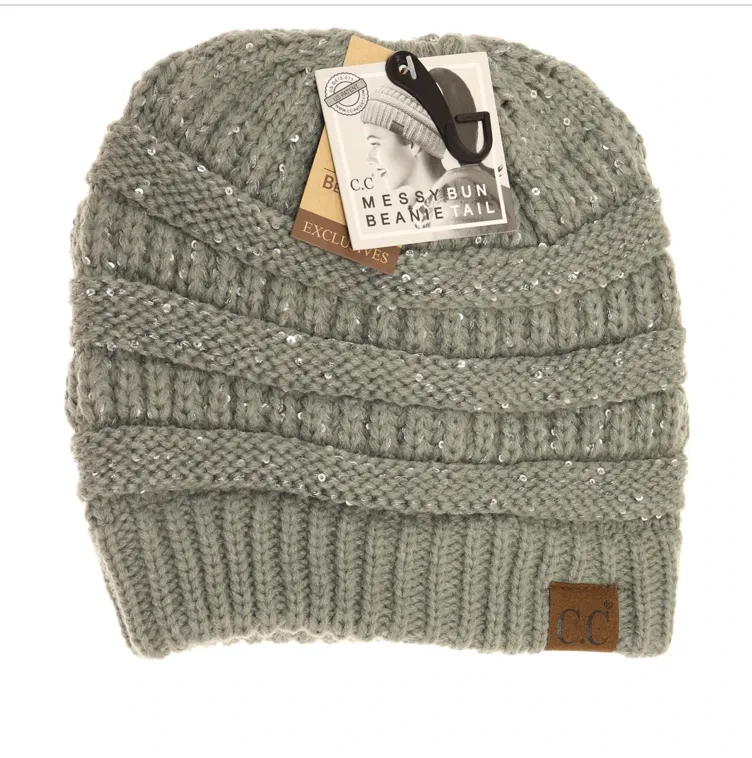 CC Beanie Messy Bun Metallic Sequin
