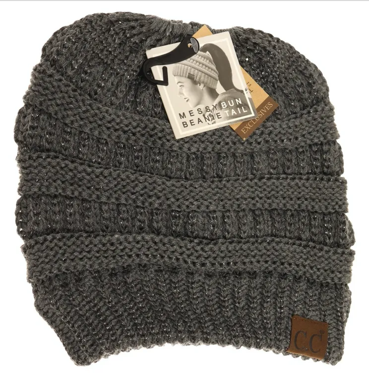 CC Beanie Messy Bun Metallic Sequin