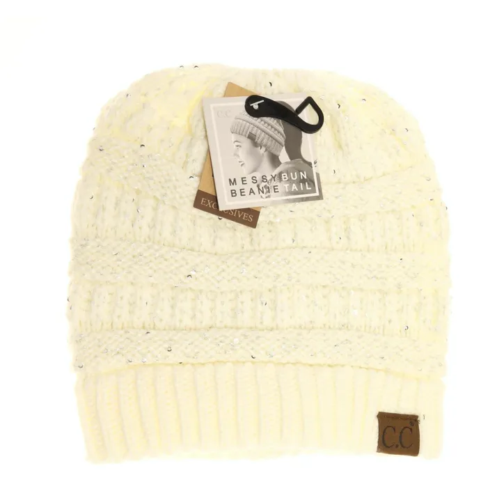 CC Beanie Messy Bun Metallic Sequin