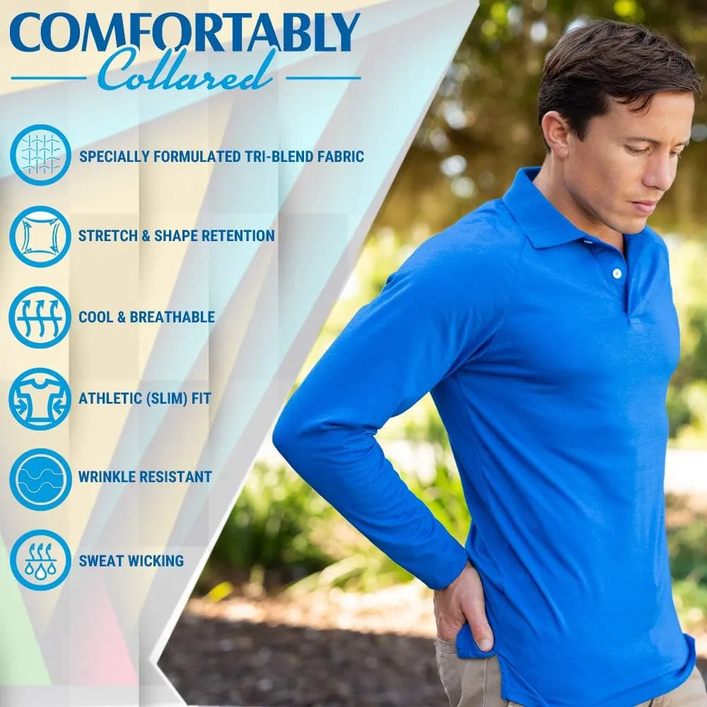 CC Perfect Slim Fit Long Sleeve Polo Shirts for Men   Stretch | Soft Fitted Breathable Collared Mens Long Sleeve Polo Shirts