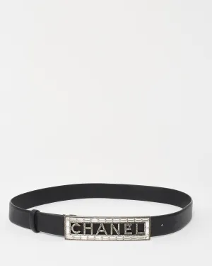 Chanel Black Leather Rhinestone Nameplate Logo Buckle Belt - 85/34