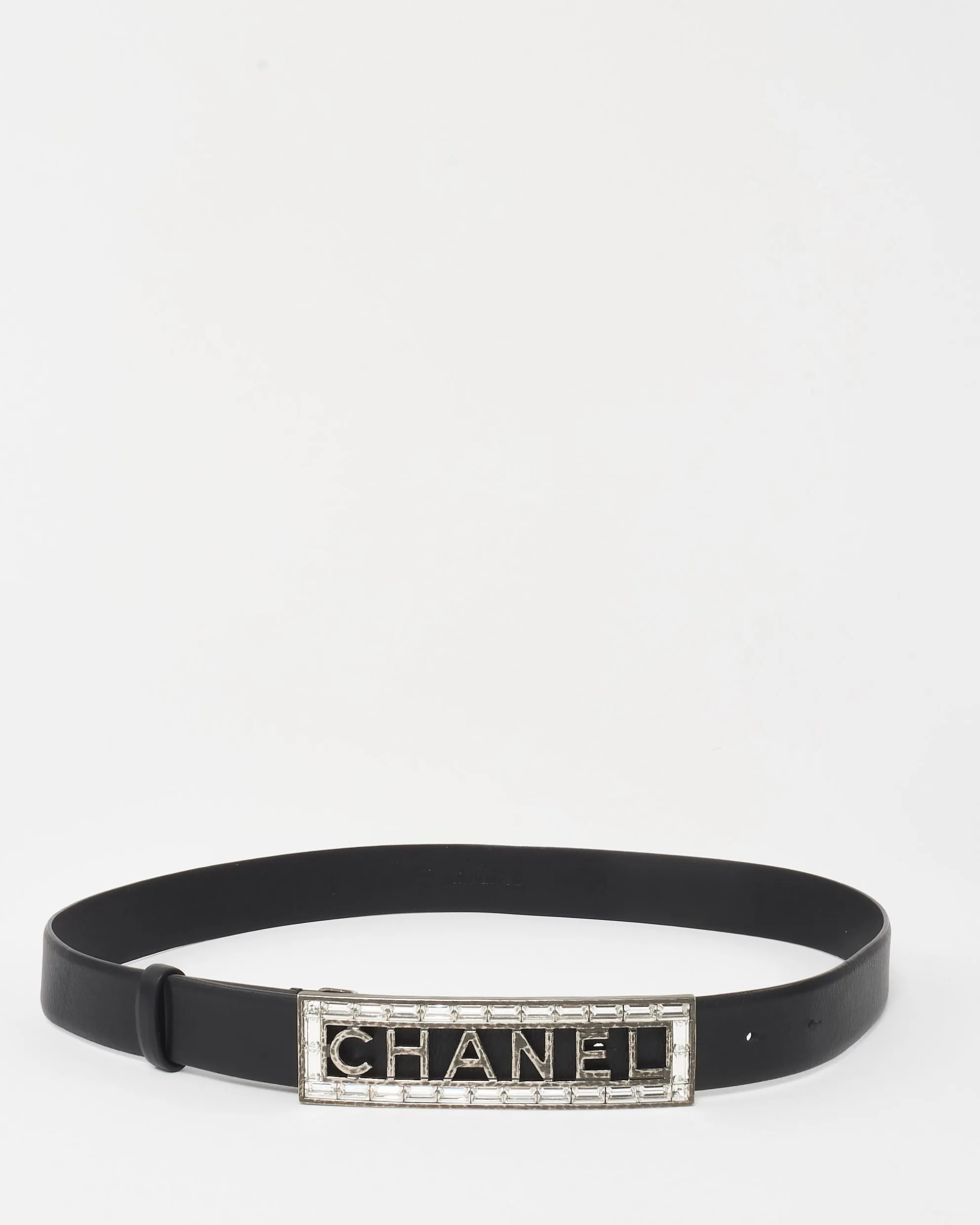 Chanel Black Leather Rhinestone Nameplate Logo Buckle Belt - 85/34