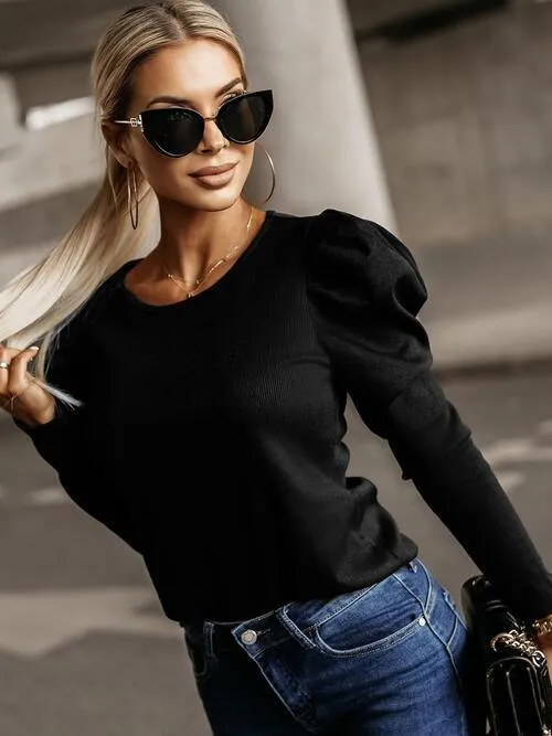 Chic Simplicity Long Sleeve Black Blouse