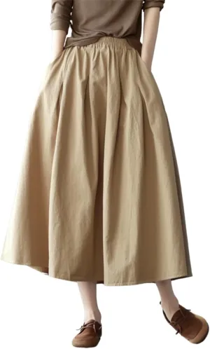 chouyatou Women's Casual Elegant Loose Baggy Elastic High Waist A Line Flare Midi Cotton Skirt