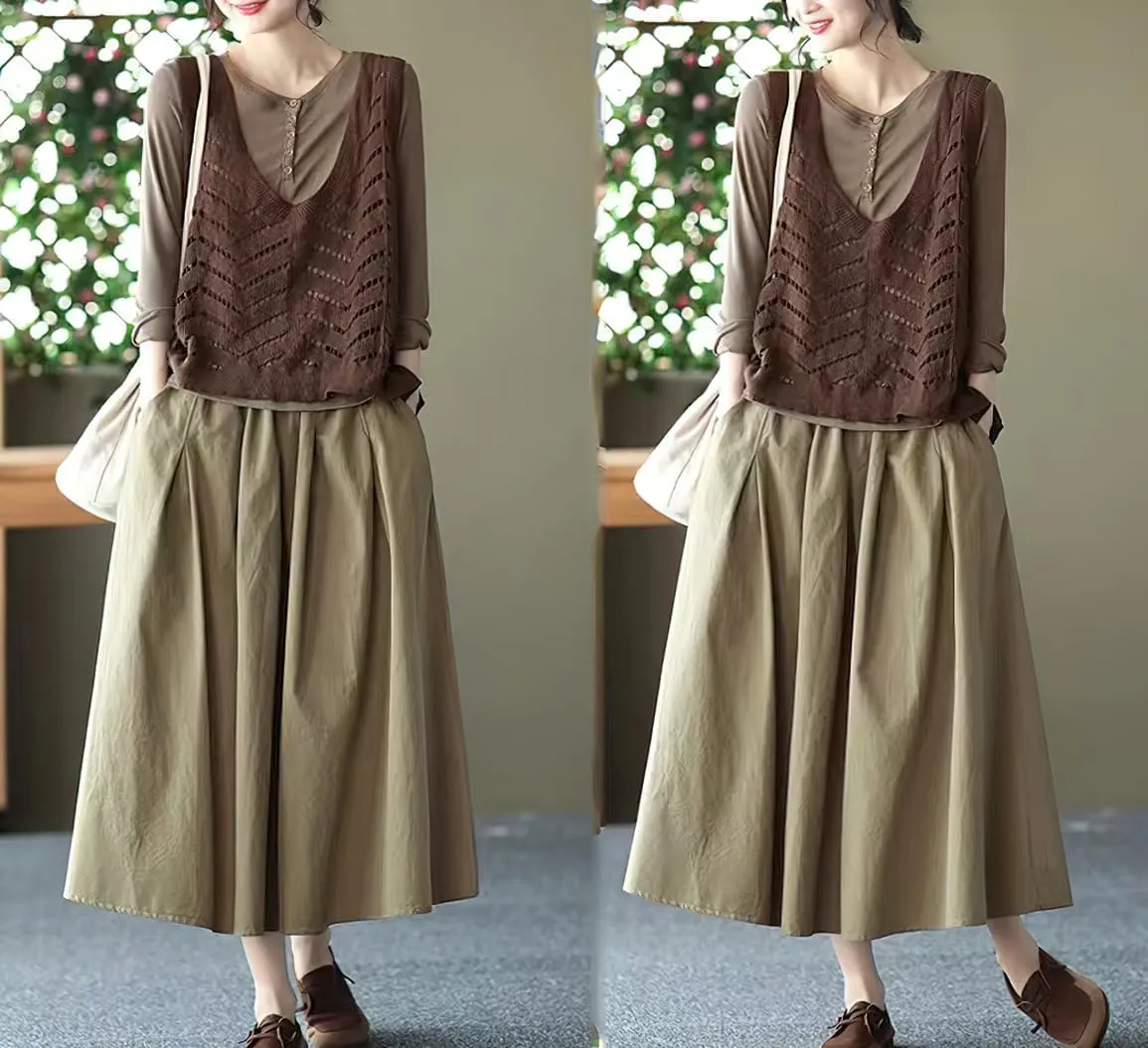 chouyatou Women's Casual Elegant Loose Baggy Elastic High Waist A Line Flare Midi Cotton Skirt
