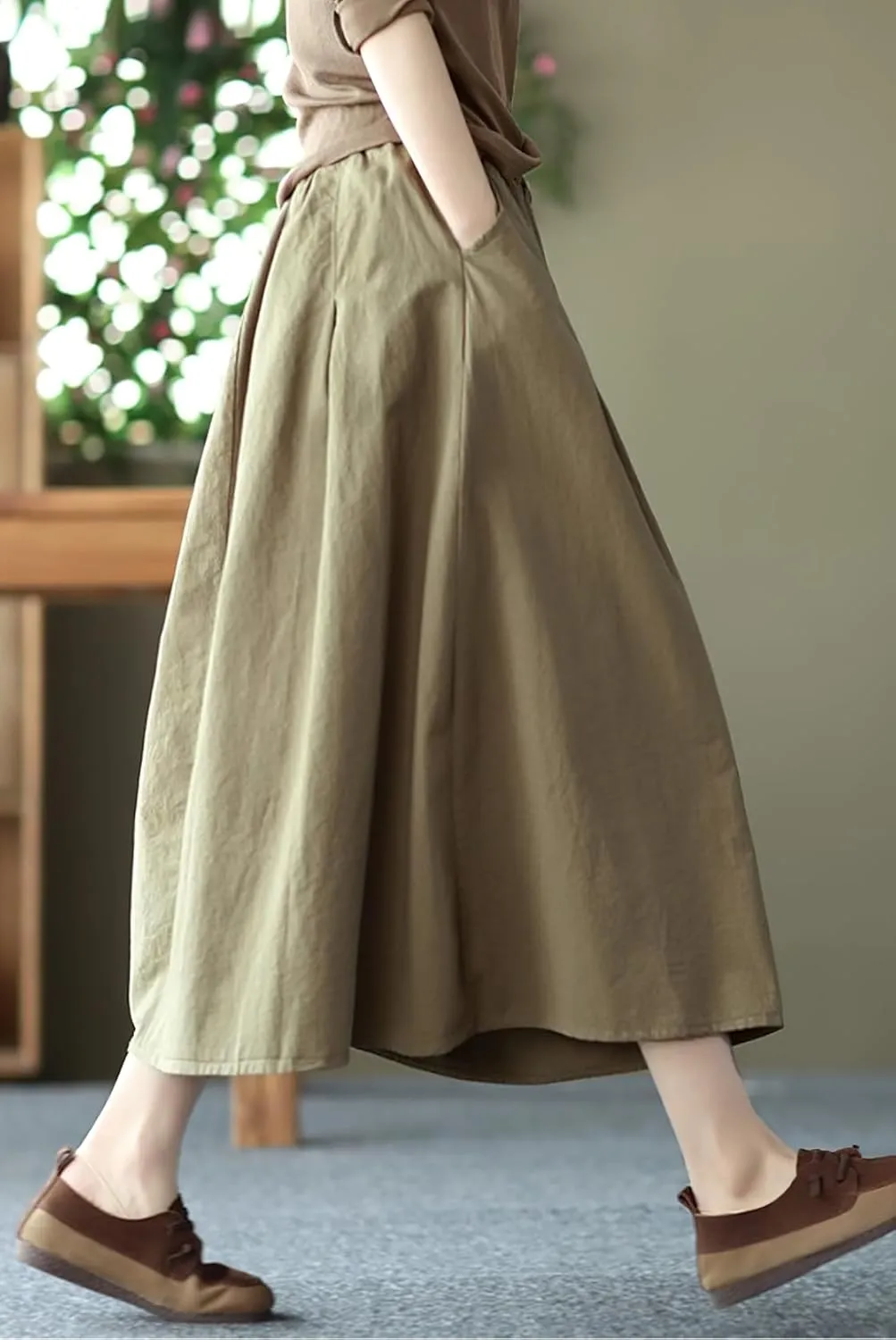 chouyatou Women's Casual Elegant Loose Baggy Elastic High Waist A Line Flare Midi Cotton Skirt