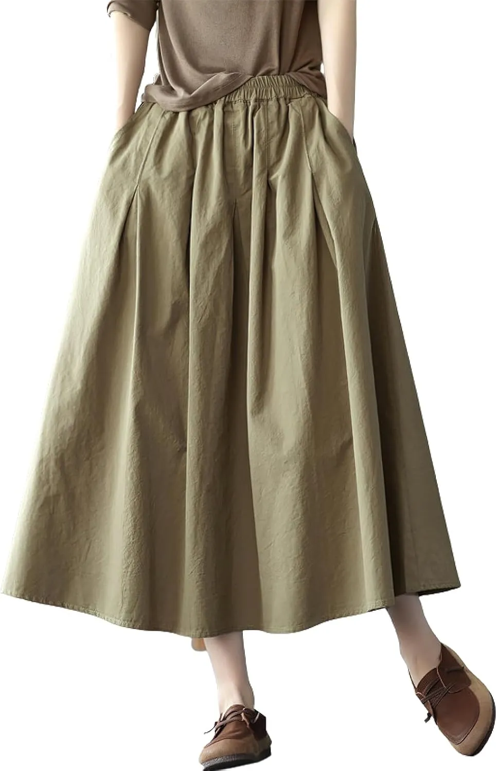 chouyatou Women's Casual Elegant Loose Baggy Elastic High Waist A Line Flare Midi Cotton Skirt