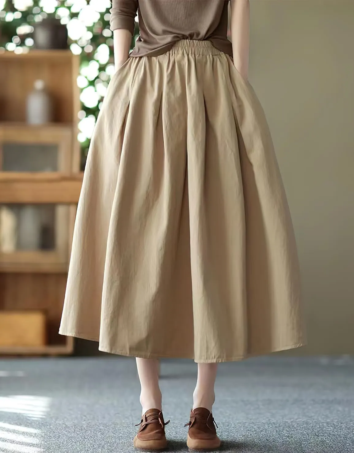chouyatou Women's Casual Elegant Loose Baggy Elastic High Waist A Line Flare Midi Cotton Skirt